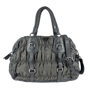 Prada Tessuto Gaufre satchel tote bag black ruched braided leather handles